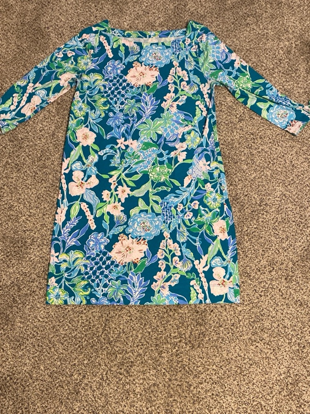Lilly Pulitzer Women’s Teal Floral Long-Sleeve Dress with Pink and Green Accents